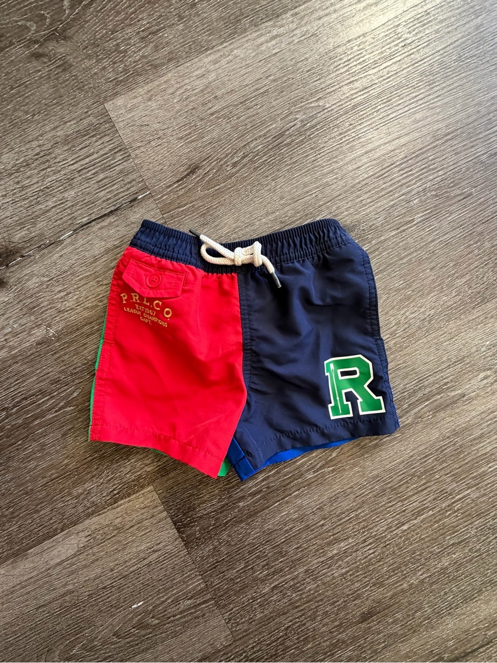 Ralph Lauren Red & Navy Colorblock Swim Shorts with Green 'R' Patch